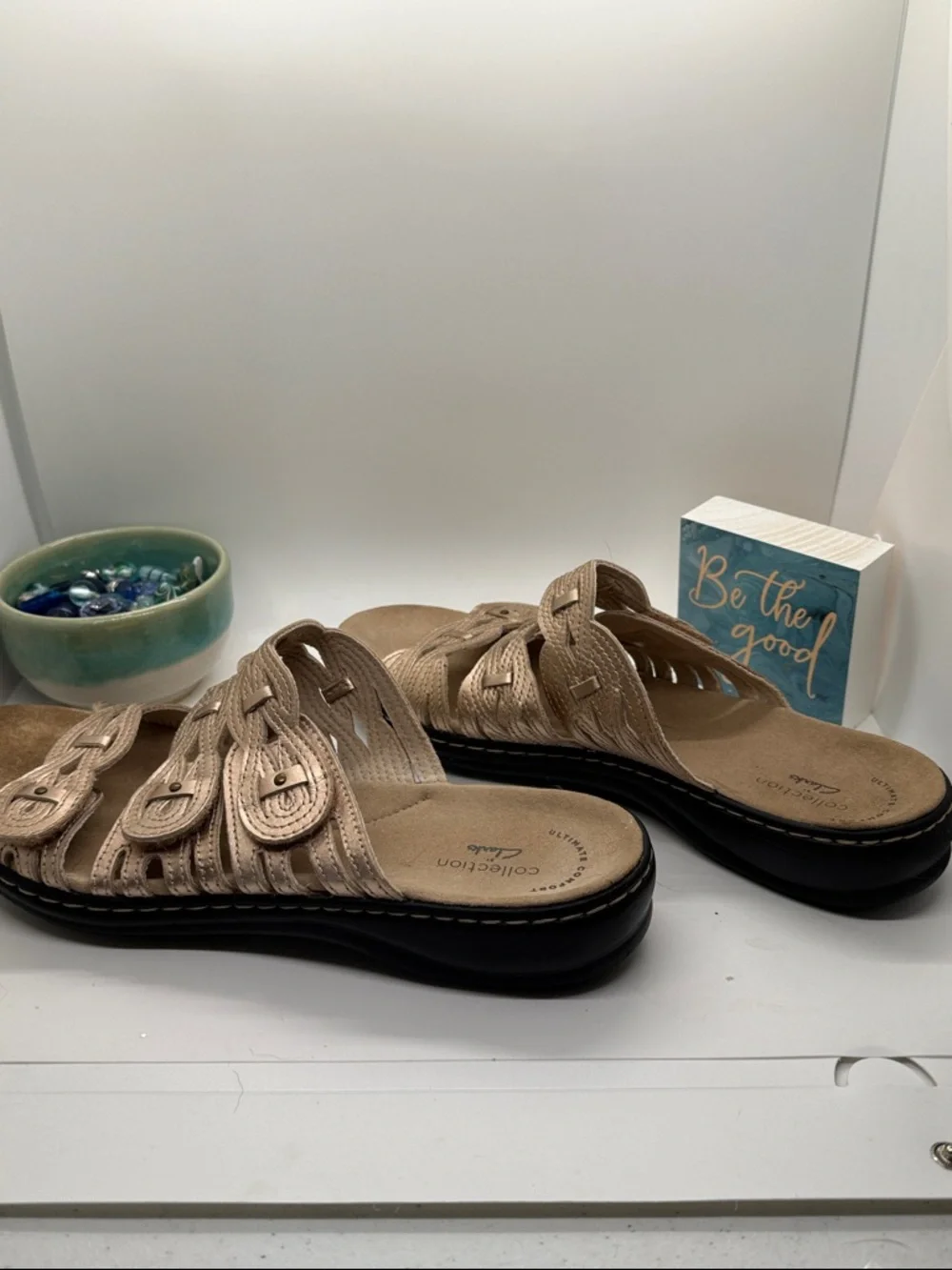 Clarks Gold / Rose Gold Braided Multi-Strap Slide Sandals - Picture 8 of 10